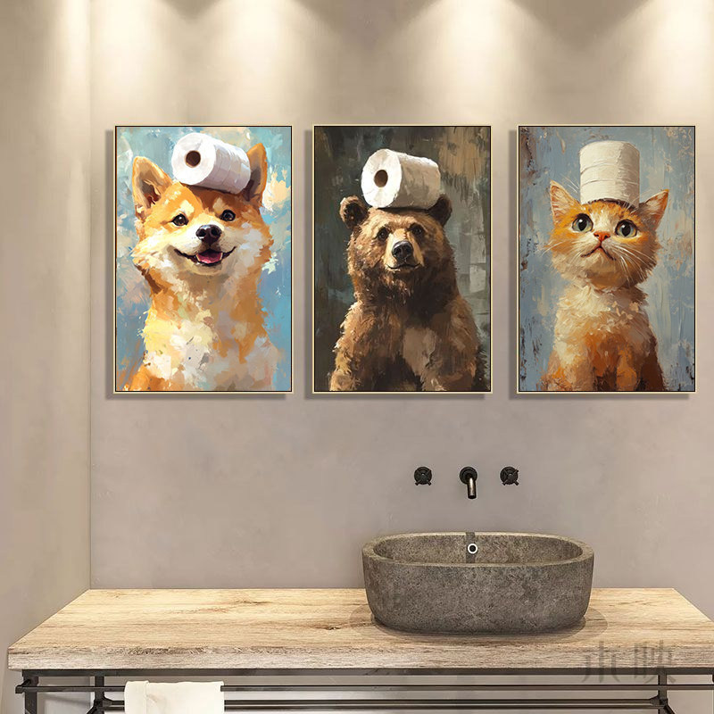 Fun Animal Oil Paintings for the Bathroom, Wall Art for the Restroom, Quirky and Unique Decorative Paintings for the Toilet and Shower Room