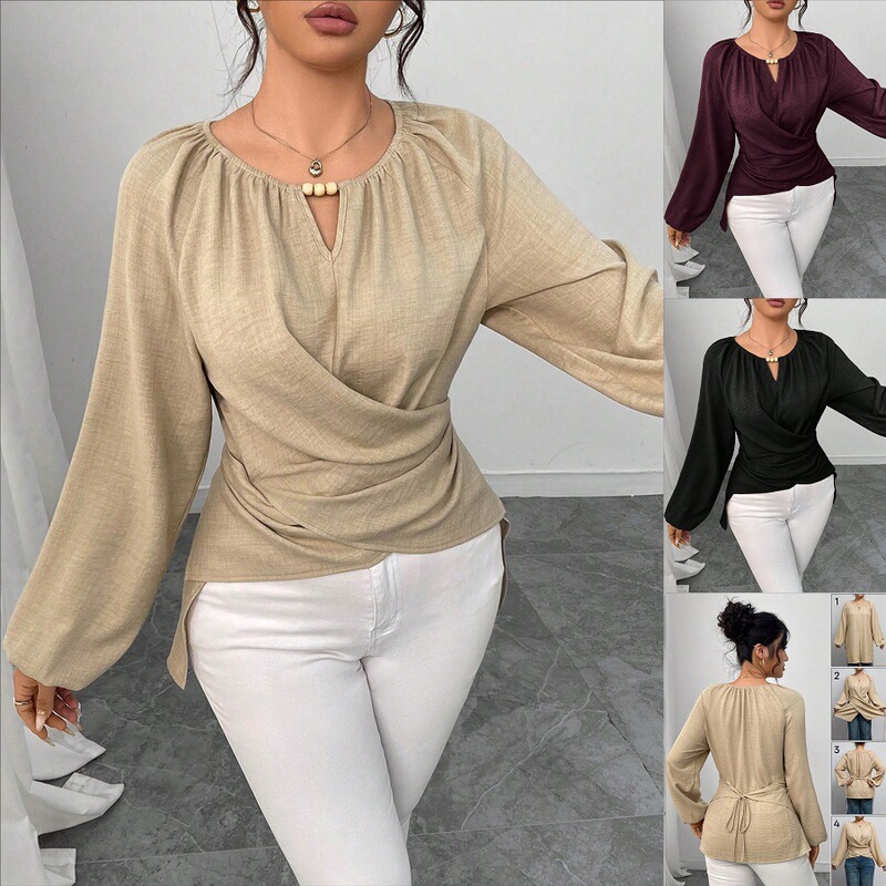 2025 Cross-Border Export Women's Beaded Wrap Waist Shirt V Neck Beaded Cross Pleated Long-Sleeved Top