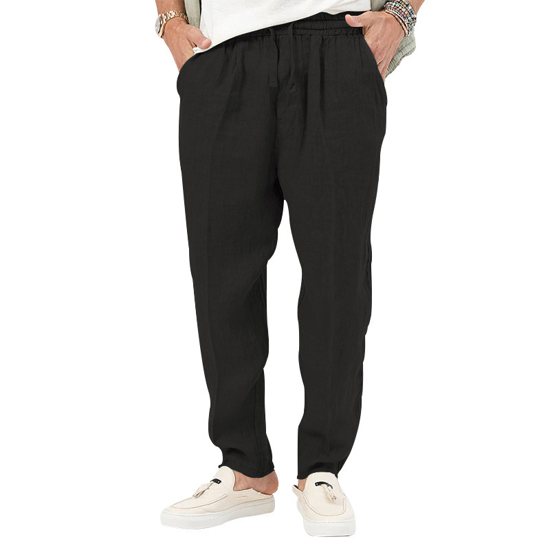 2024 Summer New Thin Men's Fashion Large Solid Casual Drawstring Cotton Hemp Pants_voghion.com