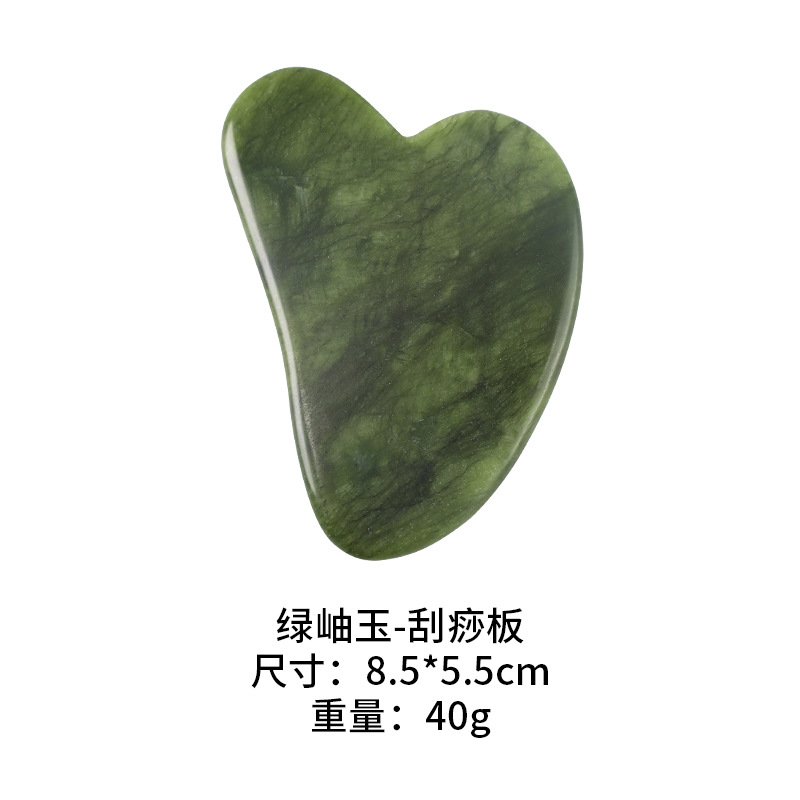 Tabla de gua sha de jade en stock, tabla de gua sha de nefrita en forma de corazón para belleza facial, masajeador con rodillo para uso en todo el cuerpo.