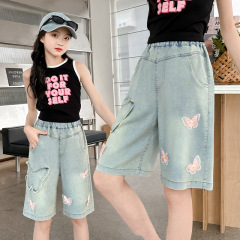 女童繡花蝴蝶輕薄牛仔褲2024兒童裝夏季時髦洋氣五分褲大童短褲潮