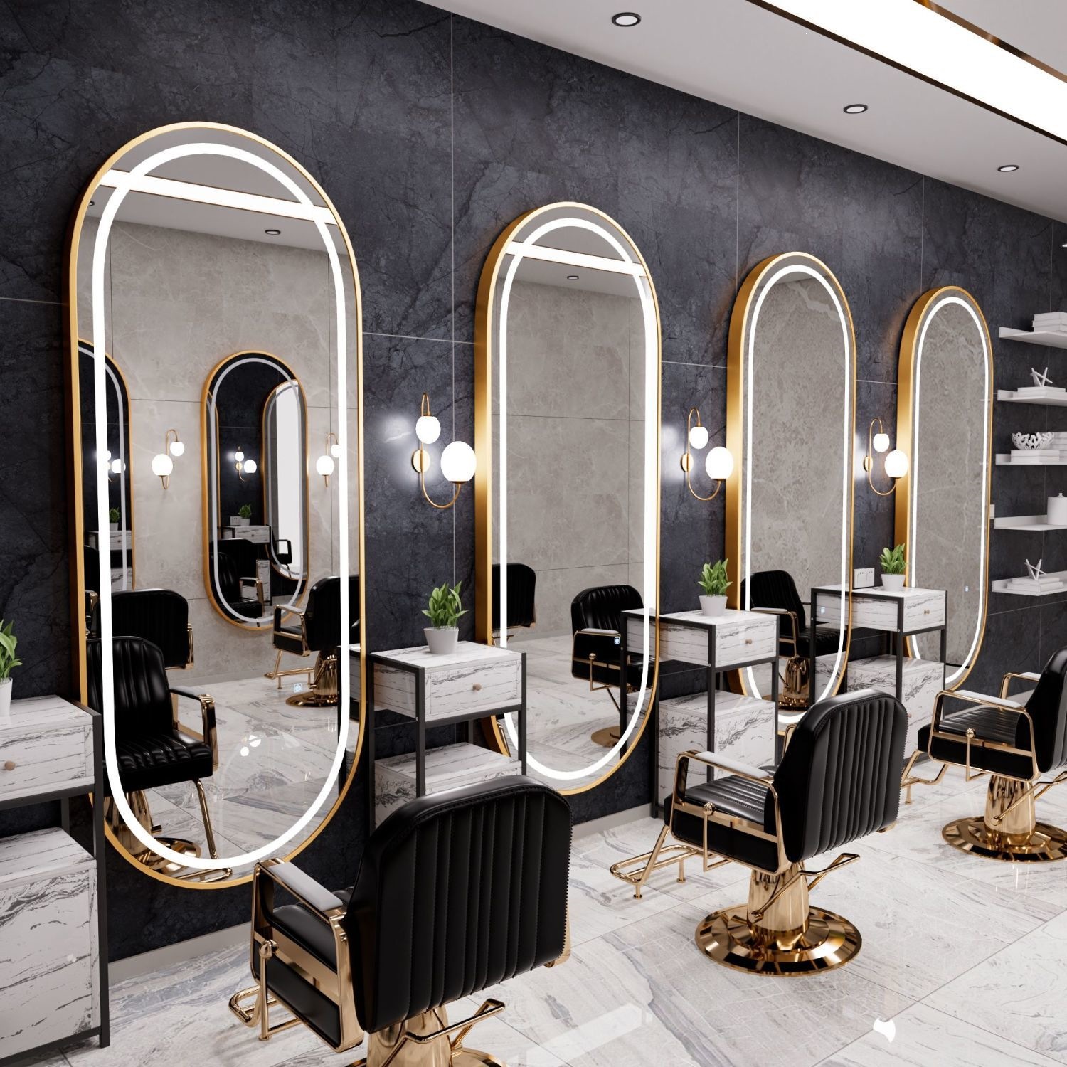 Barbería espejo salón especial barbería escaldar y teñir espejo con lámpara LED elíptica pared colgante suelo espejo de corte de pelo de lujo ligero
