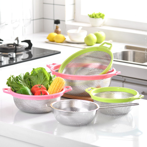 Home Thickened Stainless Steel Drain Basket Double-Ear Fruit and Vegetable Washing Basin Set Filter Basin Kitchen Dense Hole Manufacturer Wholesale