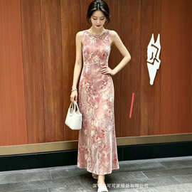 真丝丝绒烧花背心裙女复古女人味修身显瘦桑蚕丝新中式无袖连衣裙