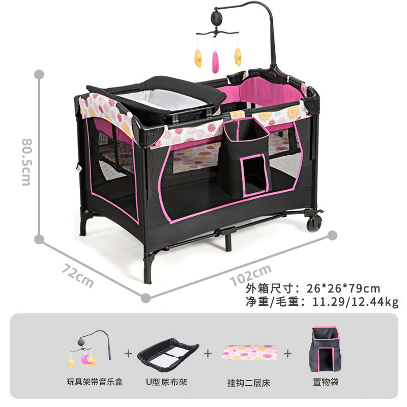 Cuna plegable y cama grande empalmada cama con mesa de pañales cama especial multifuncional para bebés y niños pequeños cama móvil para bebés