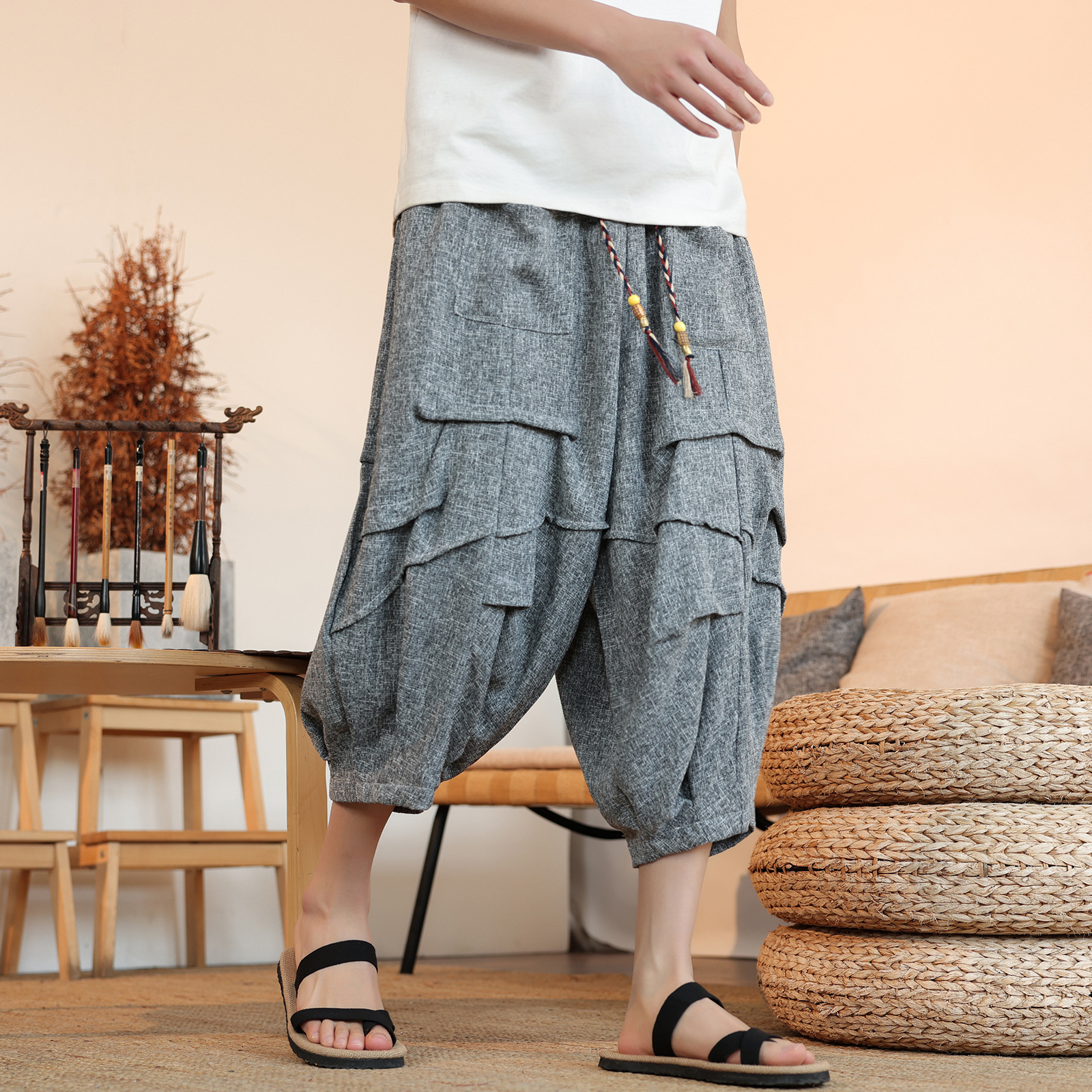 2025 New Summer Men's Casual Pants New Chinese Style Ice Silk Draped Pleated Cropped Pants Loose Men's Wide Leg Pants