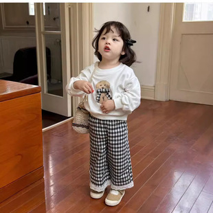 Korean Kidsren's Clothing Girls Internet Celebrity Suit Autumn Clothing 2025 New Kidsren's Cute Style Cartoon Sweatshirt Plaid Straight Pants