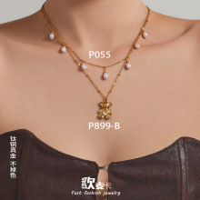 跨境不锈钢小熊镶心形锆石吊坠项链欧美INS风个性时尚小众锁骨链