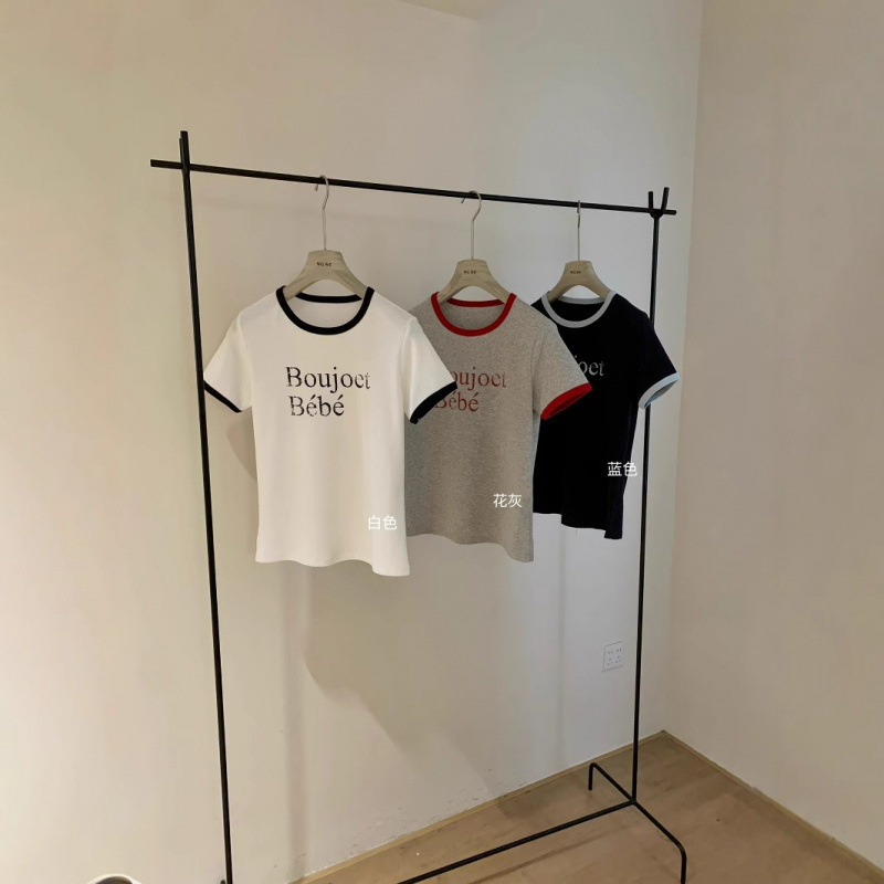 セナ [WGWE] 年齢軽減ラウンドネックコントラストプリント半袖Tシャツレディース夏人気万能ショートトップス|undefined