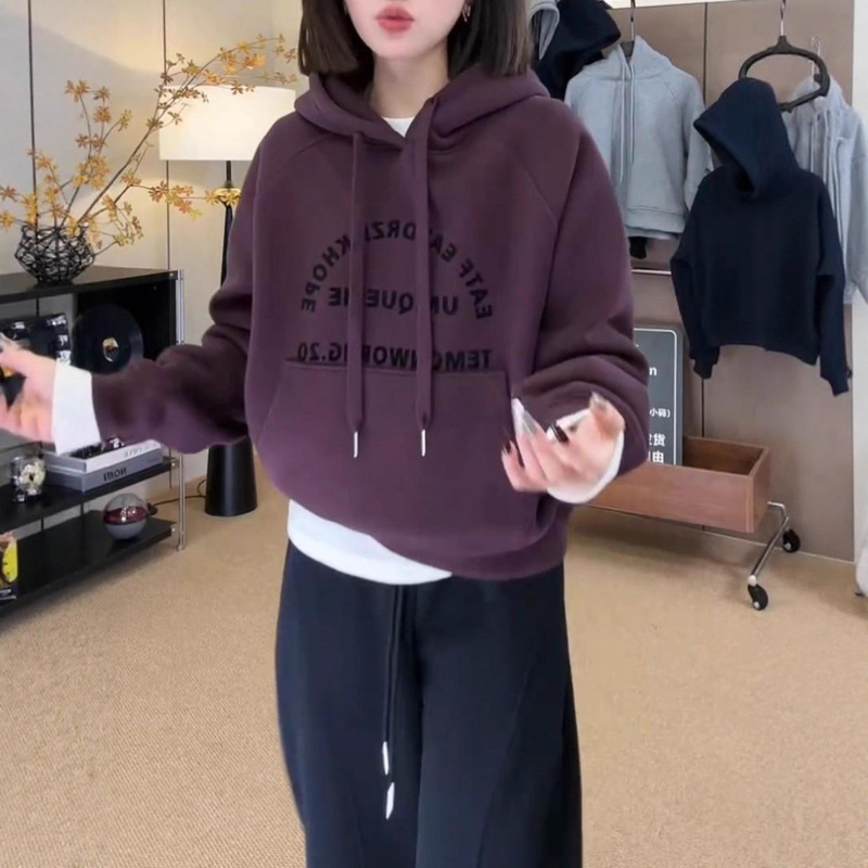 Velvet Versatile Purple Hooded Sweatshirt Plus Size Women's 2025 Autum New Fat mm Loose Slimming Look Long-Sleeved Top