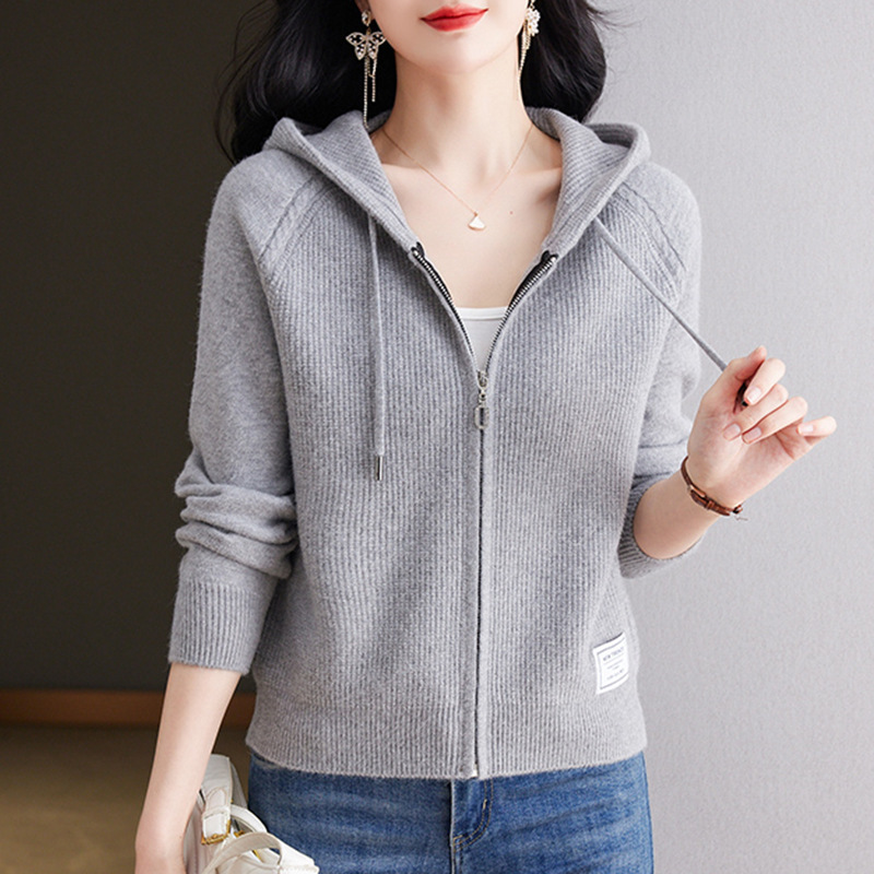 Spring and Autumn Zipper Knitted Cardigan for Women, Short Outerwear Wool Sweater, Korean Version Slimming Hooded Sweater Jacket