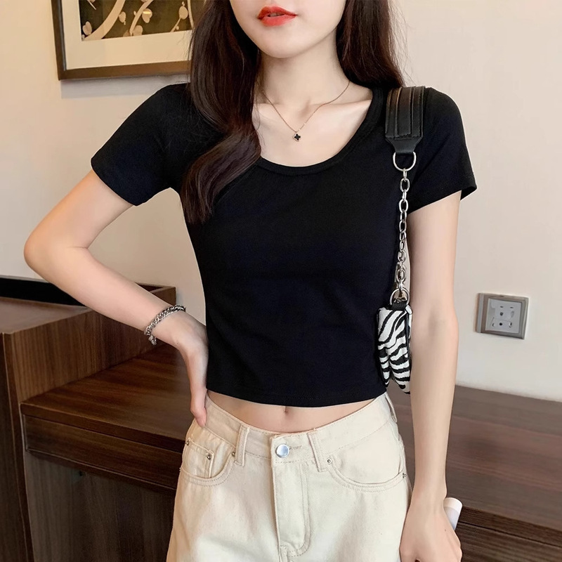 半袖黒 Tシャツレディースショートラウンドネックハイウエストへそ出し韓国風スリム夏新作無地トップイントレンド|undefined