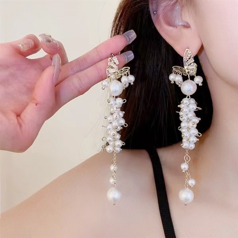 银针镂空锆石蝴蝶珍珠长款流苏耳环法式优雅耳坠轻奢个性耳饰
