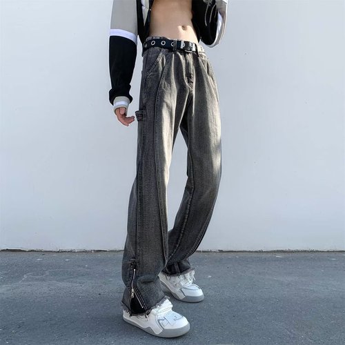 Oversize American-style zipper jeans for men, spring new arrival straight-leg micro-flare pants, high street vibe trendy brand