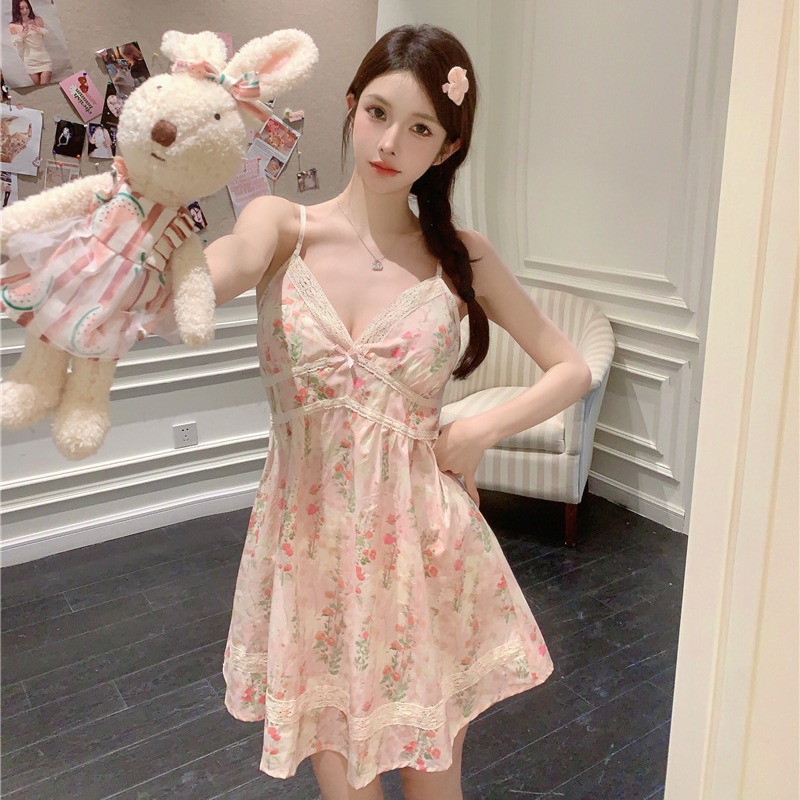 French Floral Suspender Nightgown for Women in Summer with Breast Pads, Pure Cotton Nightgown, Feminine Home Wear, Short Skirt