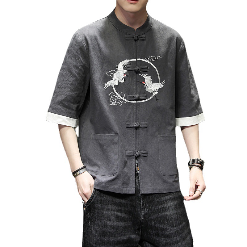 2024 Summer Chinese cotton linen short sleeved men's Tang embroidery Han style loose China-Chic shirt men_autovado.com