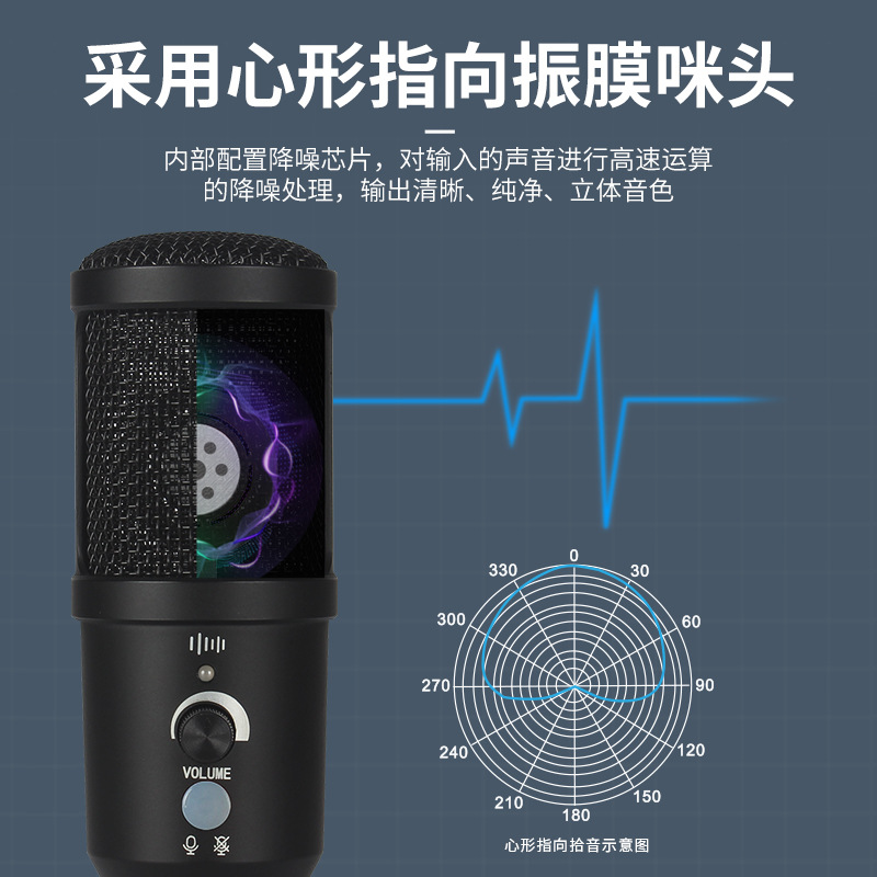 USB電容麥克風套裝192K 電腦錄音游戲直播大振膜跨境桌面有線話筒