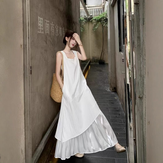 French Temperament Irregular White dress Children's Summer 2025 New High-end Fake Two-piece Vest Long Dress