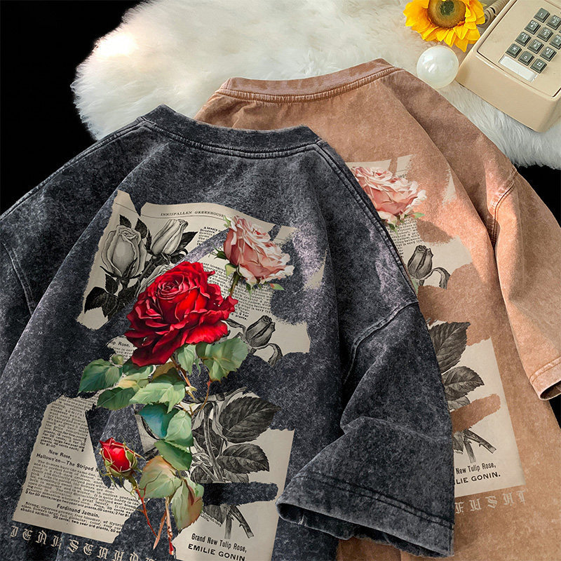 Pure Cotton American Retro Distressed Washed Black Brown Casual Elegant Rose Print Oversize Loose Short-Sleeved T-Shirt Pure Cotton American Retro Distressed Washed Black Brown Casual Elegant Rose Print Oversize Loose Short-Sleeved T-Shirt