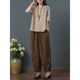 2025夏季新款棉麻套装高腰显瘦哈伦裤棉麻上衣女宽松显瘦复古套装
