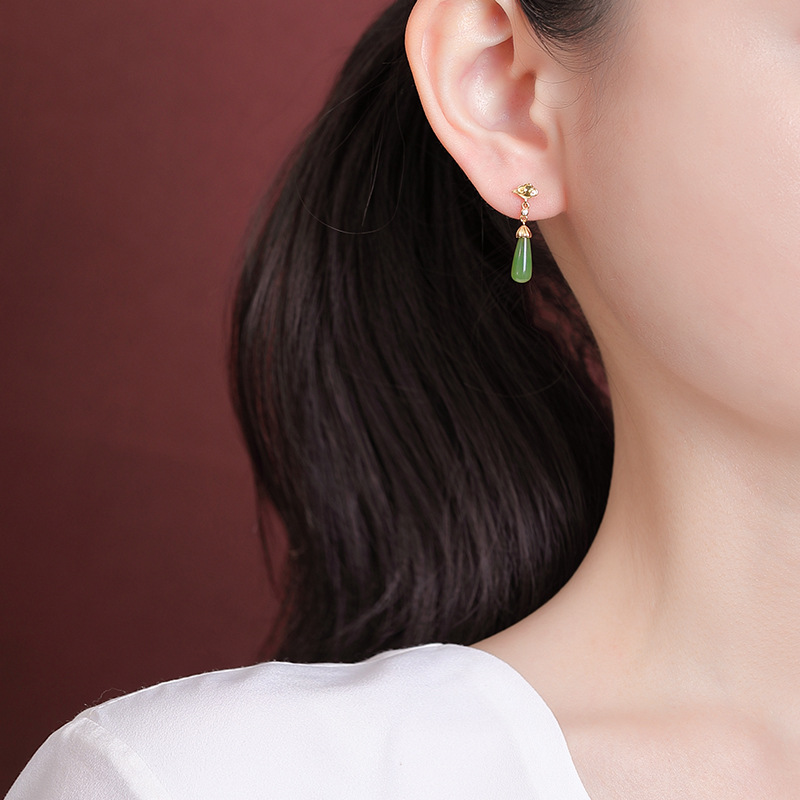 Khuyên tai nữ bạc S925 mạ vàng đính đá ngọc bích hình mây lành — Kiểu màu bạc