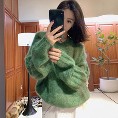 慵懒风绿色v领套头毛衣女2025秋季宽松洋气软糯针织衫长袖上衣潮