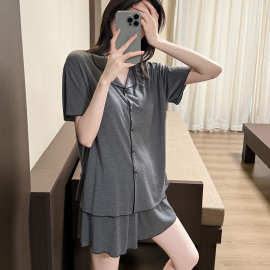 慵懒风睡衣女款夏季带胸垫免穿文胸开衫短袖短裤可外穿家居服套装