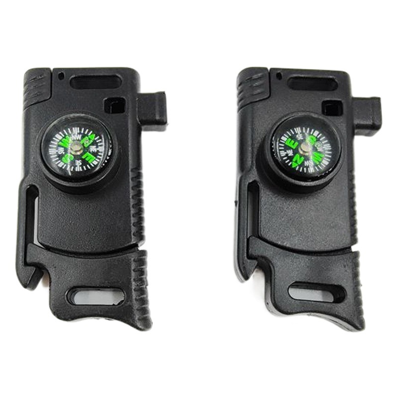 Multifuncional Flint silbato hebilla con cuchillo curvo brújula paraguas cuerda tejida Accesorios de equipaje ventas directas de la fábrica