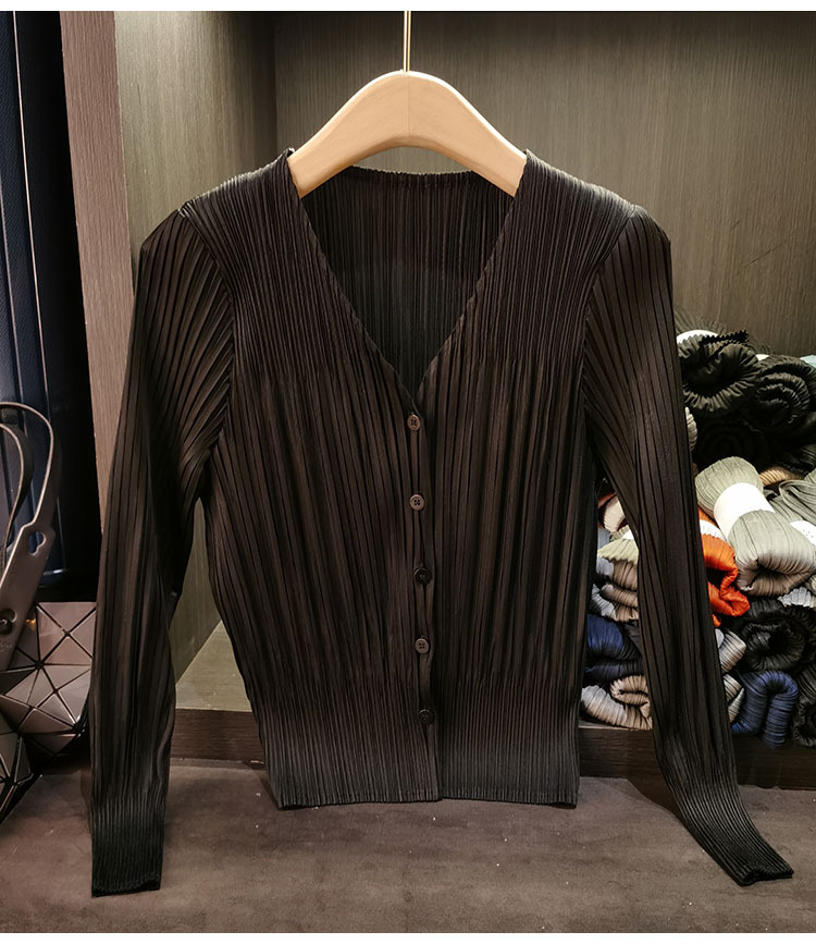 Áo cardigan cổ chữ V dáng ngắn tay dài mới xuân hè — Màu xanh lam nhạt, Màu đen, Màu tím nhạt, Màu hồng chi tiết 11