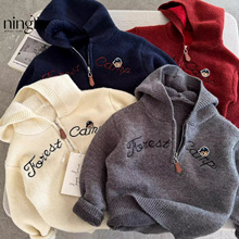 柠里儿童加绒毛衣连帽男童冬季款套头衫小童字母衣服宝宝针织衫女