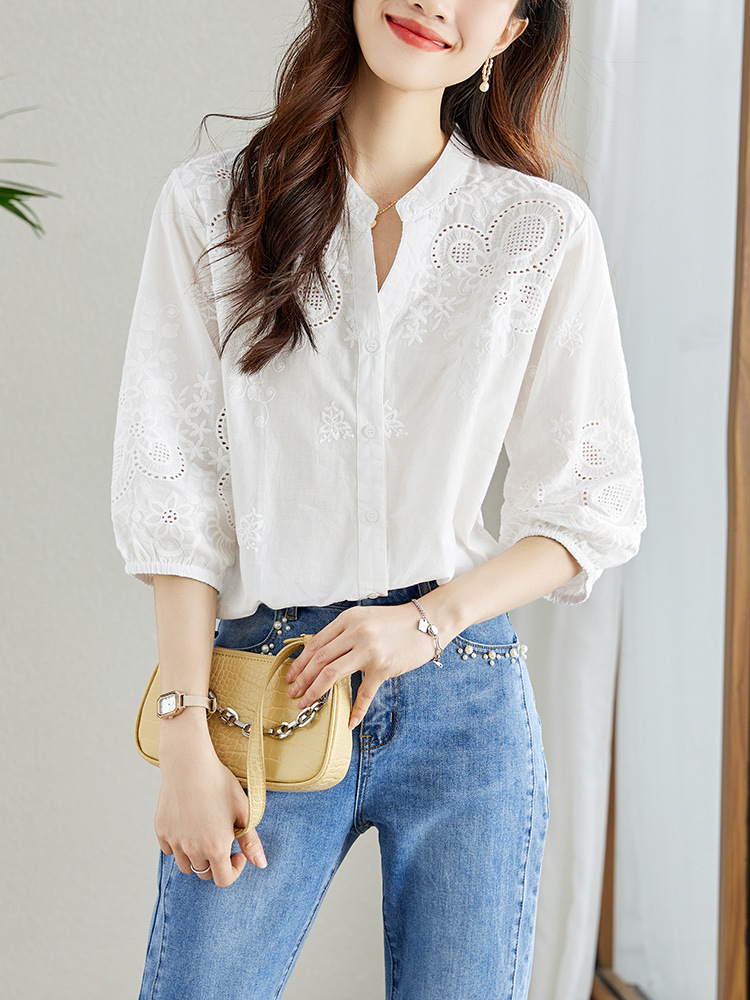 V-Neck White Shirt for Women, Three-Quarter Sleeves, 2026 Spring New Style, Pure Cotton Embroidered Hollow-Out Top, Elegant and Mature Shirt