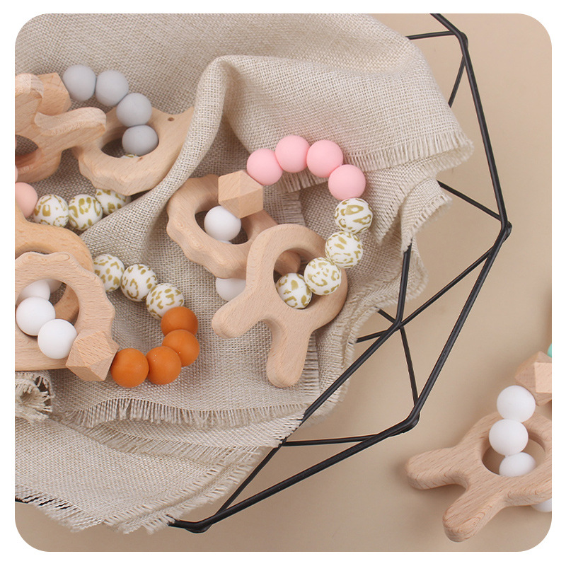 Nuevo bebé conejo bordado pulsera de goma de madera DIY bebé perlas de silicona juguetes de mordida de dientes varilla de molienda