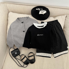 韩版春秋装套装女童针织衫打底衣上衣+花边长裤婴幼儿洋气三件套