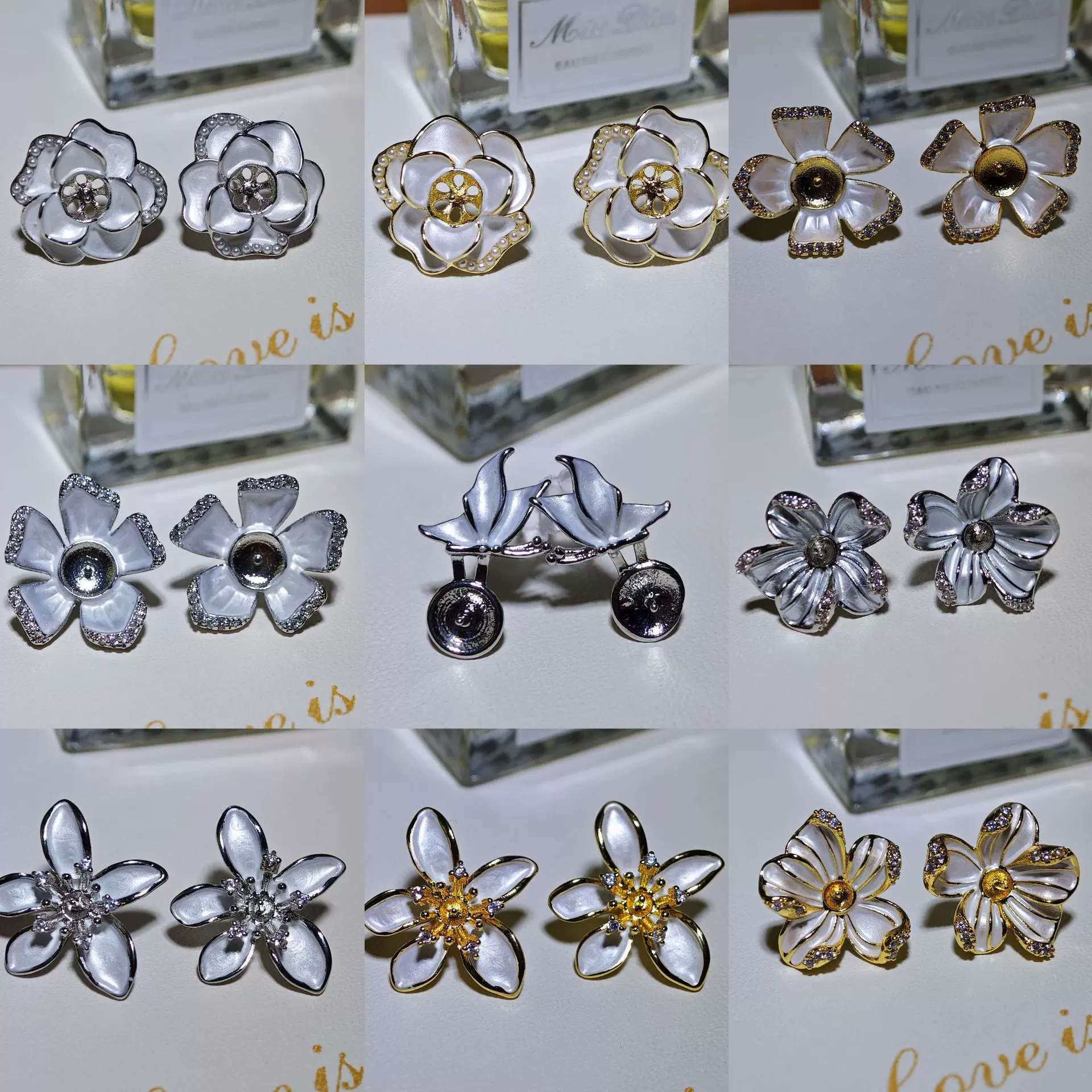 DIY珍珠耳钉空托配件滴油花瓣海棠花耳饰配件画油铜镀金系列空托