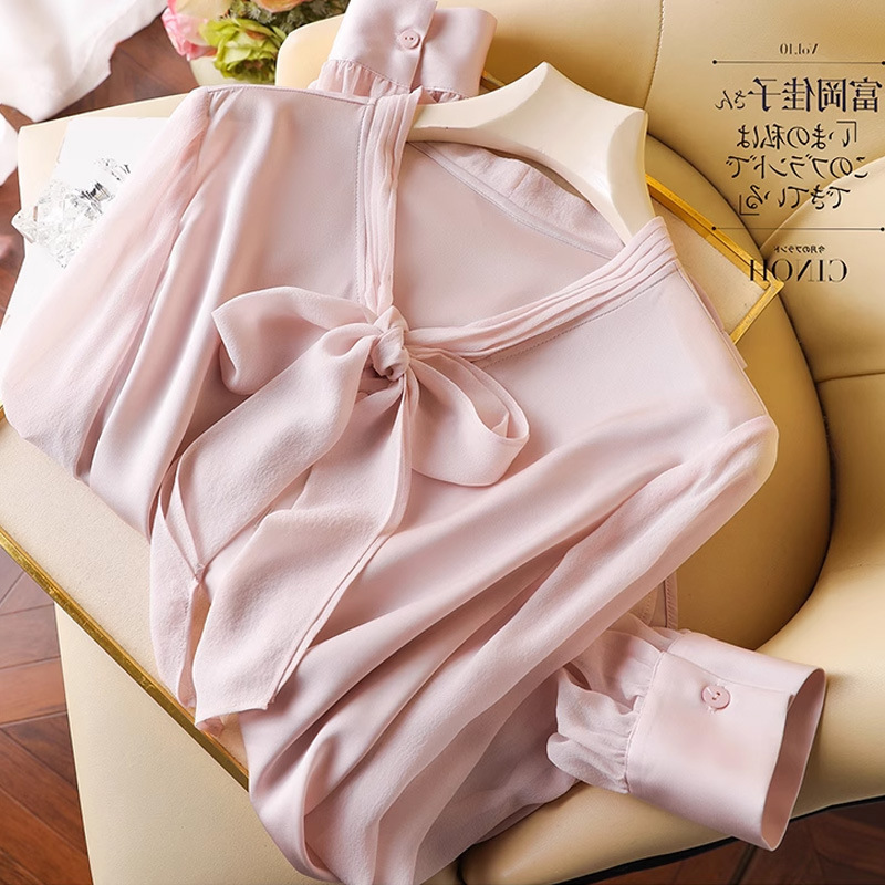 Fairy-Like Fluttering~ Tucker Pleated Collar + Bow Silk Shirt Women's Long-Sleeved 2025 Spring New Mulberry Silk Top