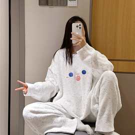 冬季加厚半边绒睡衣可爱小熊家居服大码胖mm200斤保暖软绵绵套装