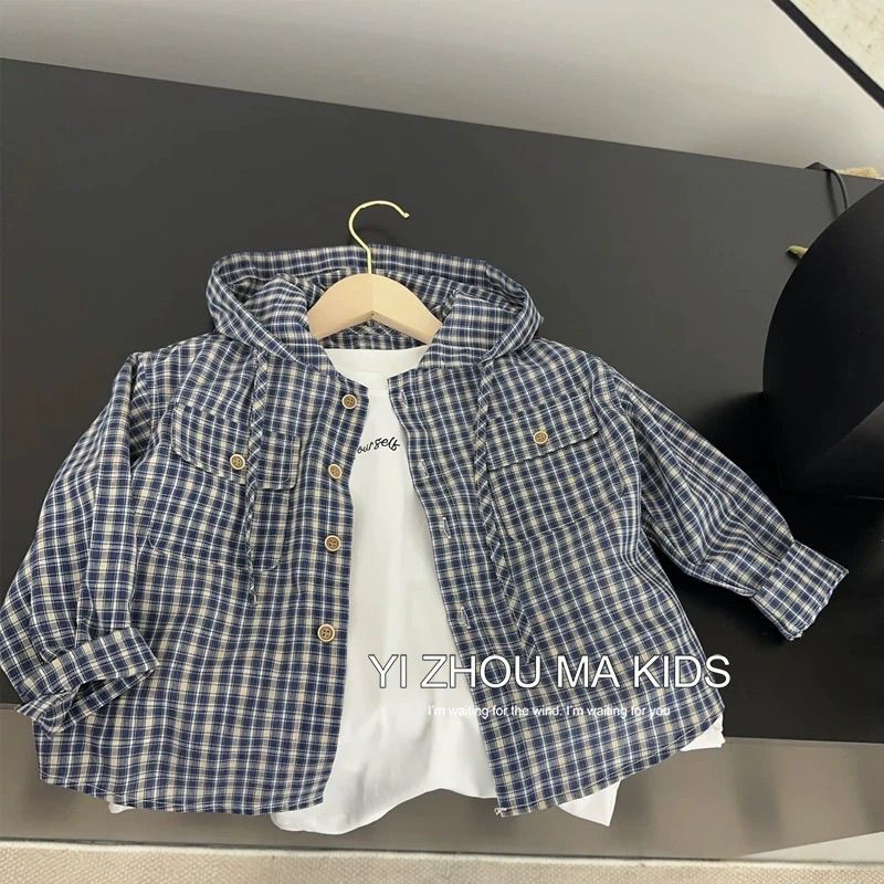 Children's Outwears, Spring & Fall Hooded Plaid Shirts for Boys and Girls, Korean Style Kidsren's Baby Fashionable Casual Tops