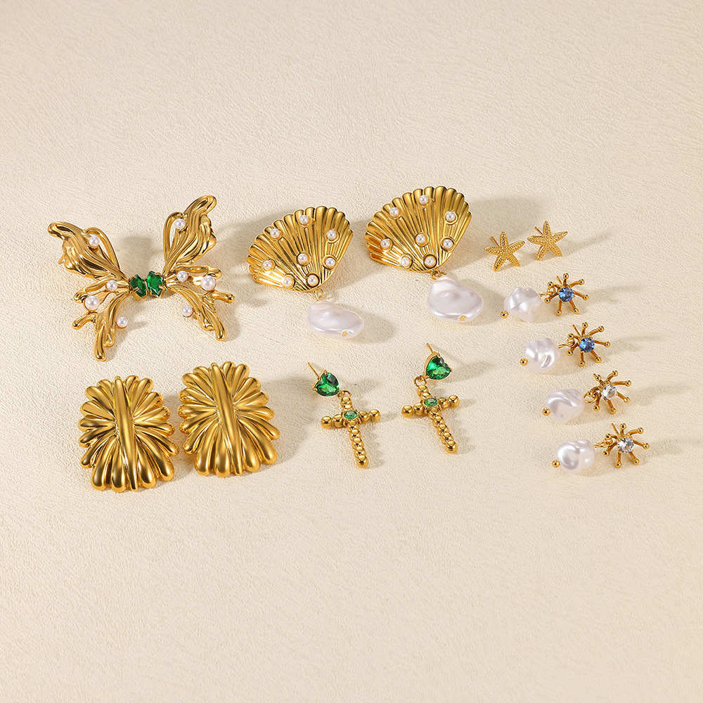 PVD Coated Gold Plating Process 1 Pair Elegant Exaggerated Cross Butterfly Plating 304 Stainless Steel Imitation Pearl Drop Earrings