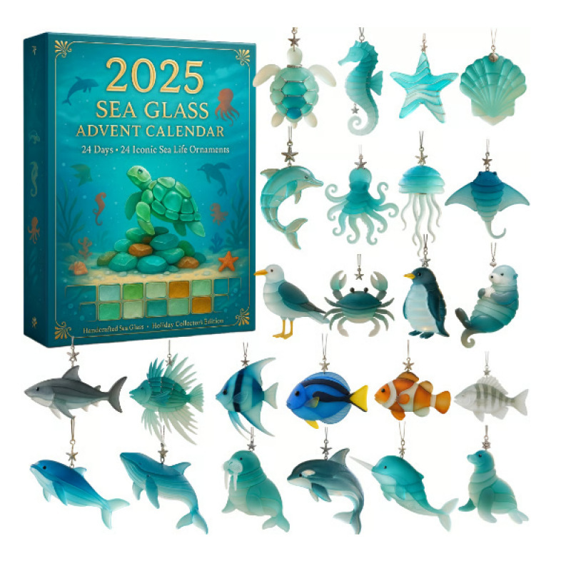 独立站新品海玻璃降临节日历·海洋宝藏盲盒圣诞树装饰亚克力挂件