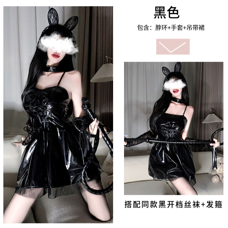 블랙 + 블랙 머리띠 + 블랙 오픈 스타킹