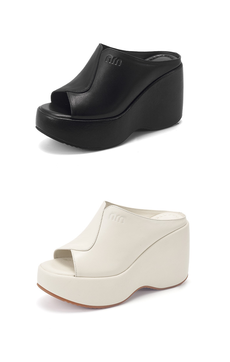 Dép sandal nữ quai chữ V đế xuồng cao 10 cm, chất liệu da thật, nhẹ nhàng — màu đen, Trắng kem- chi tiết 14