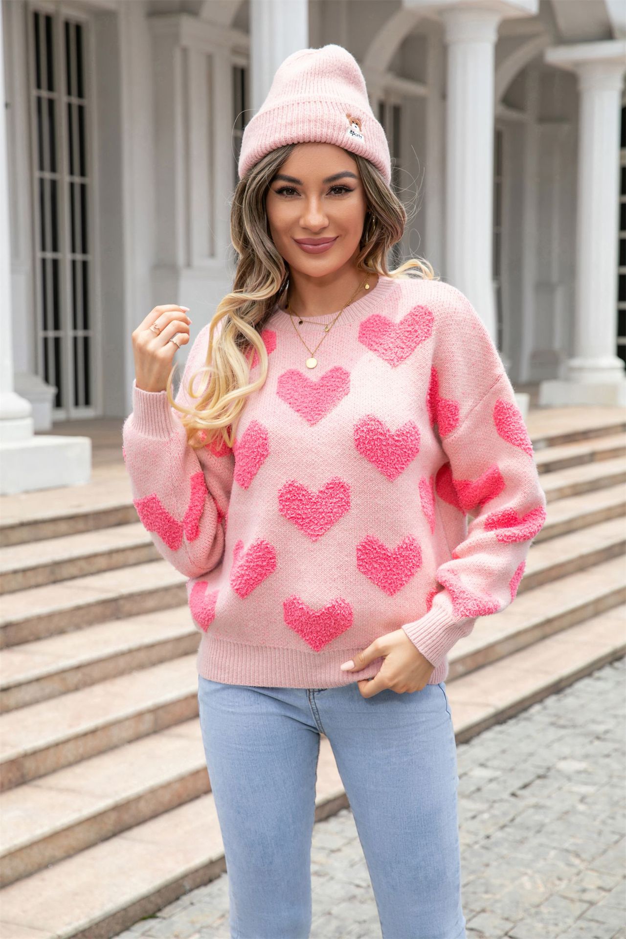 Suéter de punto con cuello redondo y estampado de corazones grandes, talla grande, para mujer, nueva moda de primavera 2026, éxito de ventas para exportación, ideal para el Día de San Valentín. image 7