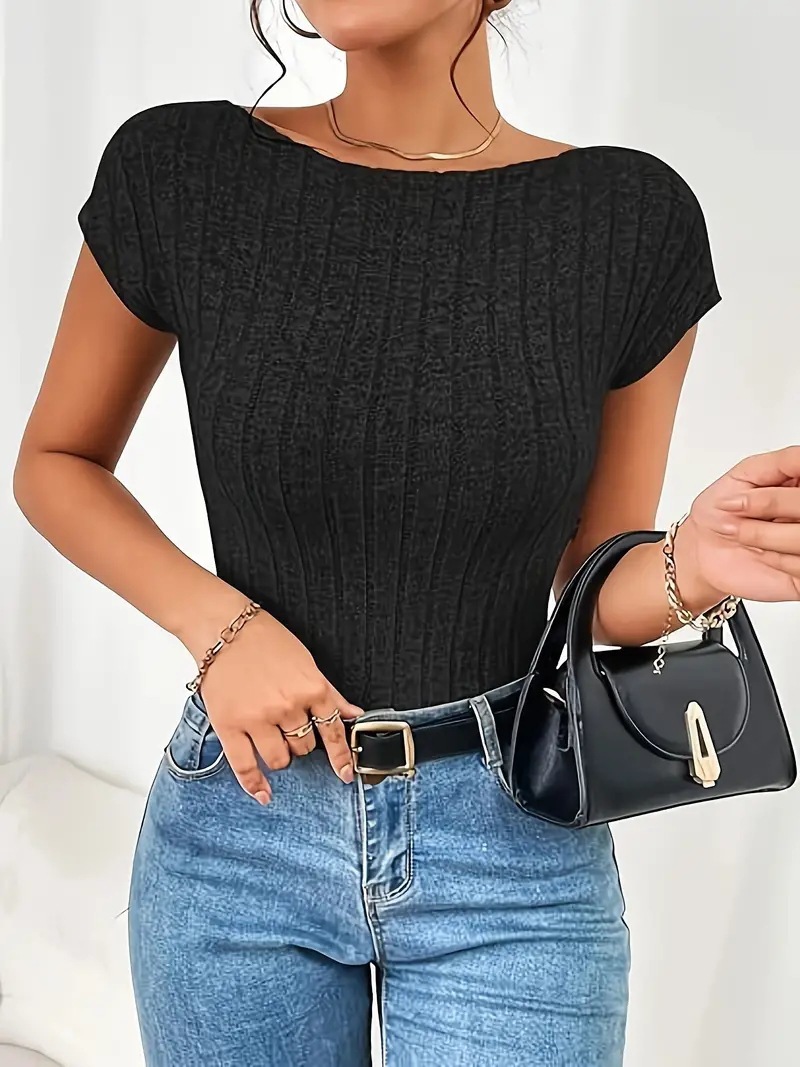 new sexy slim backless short top wide striped fleece short-sleeved T-shirt for women_senzul.com