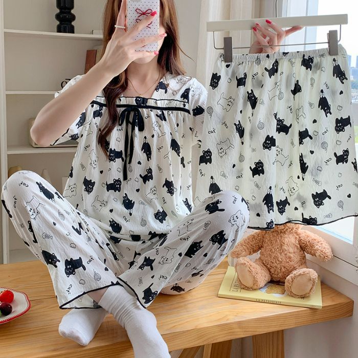 Hellokitty verano nuevo estilo doble pantalones cortos pijamas de tres piezas nube mujer algodón transpirable cuello cuadrado dulce y fresco