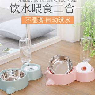 Pet Cat Bowl Double Bowl Automatic Drinking Bowl Dog Basin Anti-knock Bowl Stainless Steel Dog Bowl Cat Supplies Anti-moisture Mouth Bowl