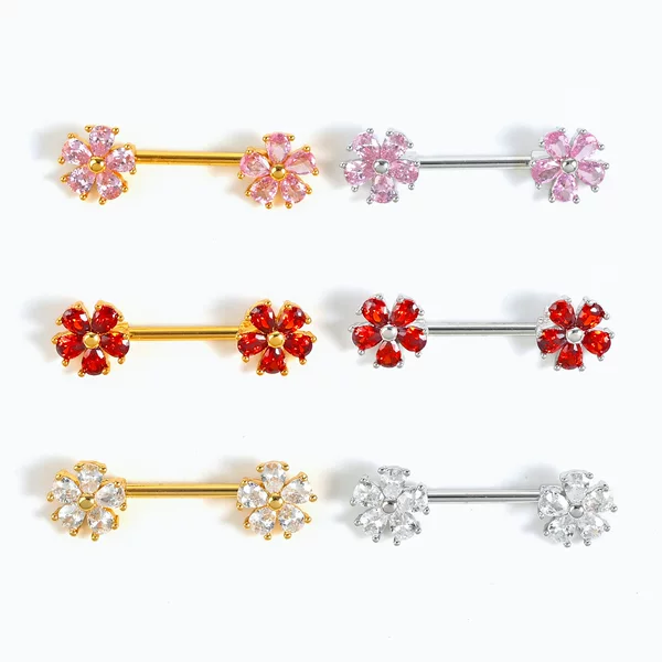 Cross-border new fashion copper inlaid zircon straight bar tongue nail breast nail flower breast ring tongue ring puncture jewelry chest ring