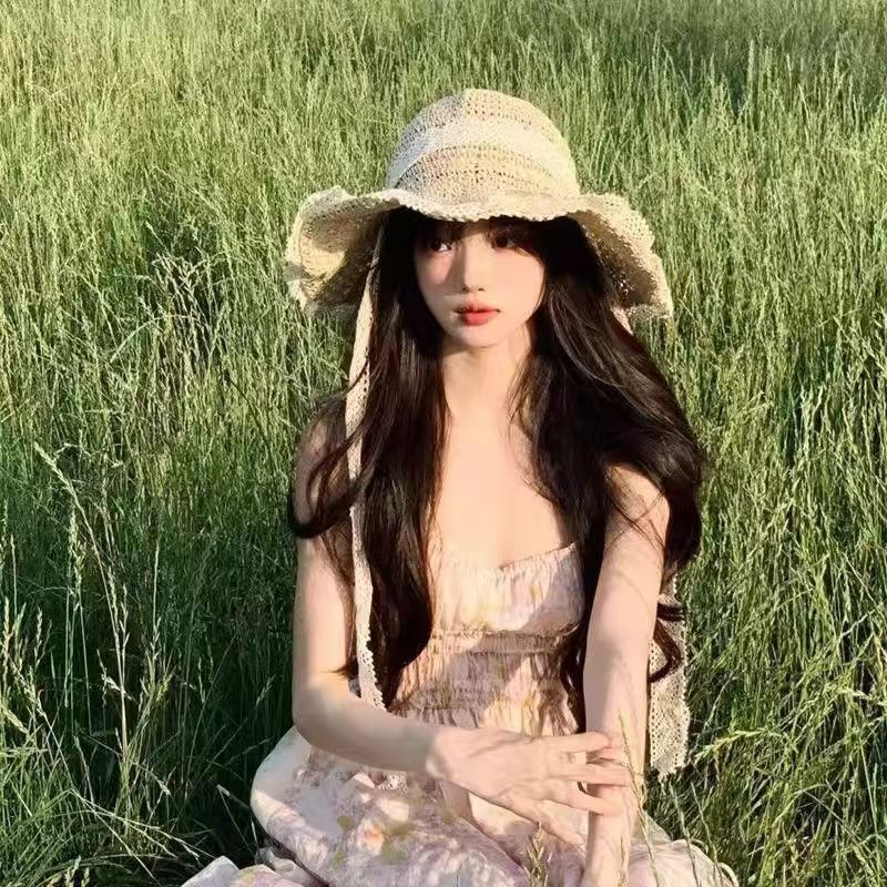 Sombrero de paja de encaje de gran ala de verano de 2025 para viajar a la playa sombrero de protección solar sombrero de sol sombrero de paja de playa