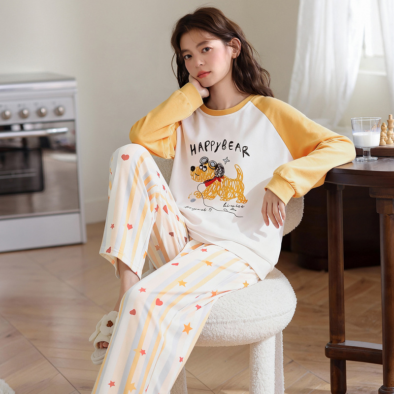 Long-Sleeved Pajamas for Women in Autumn, Cute Cartoon Style, Round Neck Pullover, Spring and Autumn Home Wear, Can Be Worn Outside