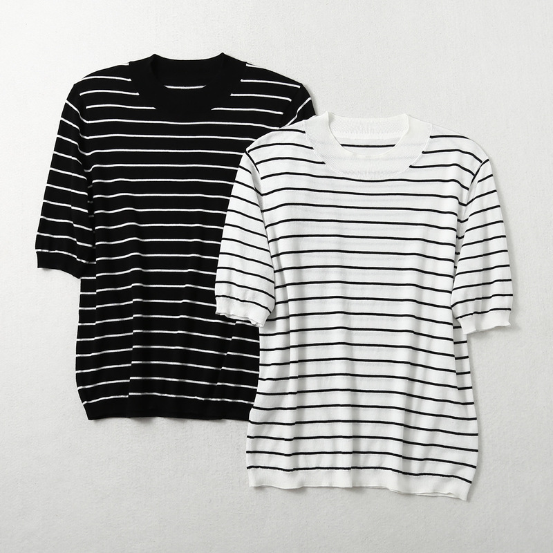 Fresh Spring Silk Cotton Knitted Round Neck Pinstripe Top Loose Summer Women's Pullover Color Contrast Short Sleeve Fresh Spring Silk Cotton Knitted Round Neck Pinstripe Top Loose Summer Women's Pullover Color Contrast Short Sleeve