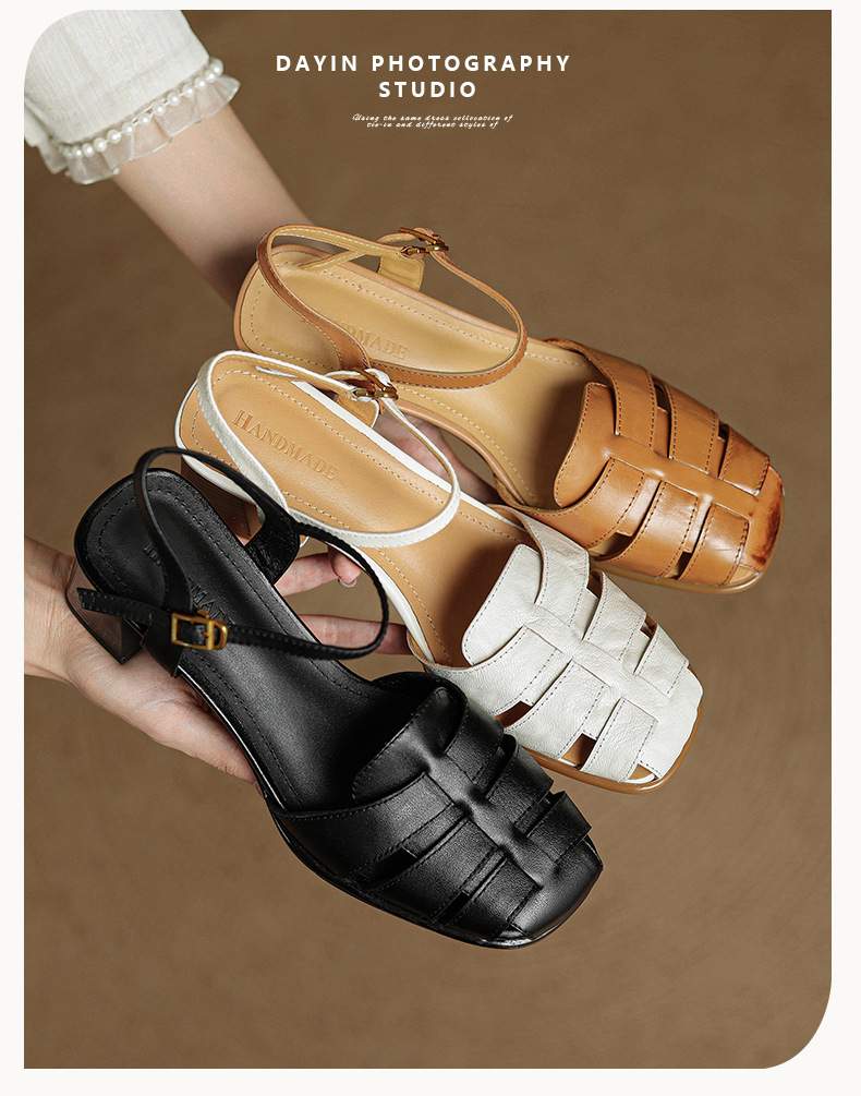 Sandal cao gót nữ quai ngang mũi kín da cừu dệt rỗng phong cách vintage — đen chi tiết 2